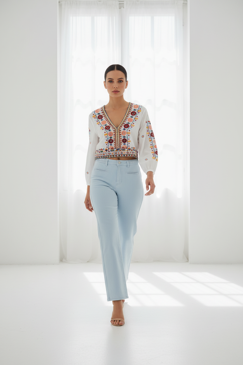 Top bordado con pantalón vaquero celeste