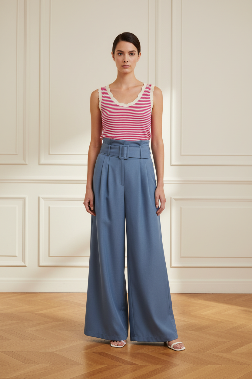 Top rayas rosa metido en pantalón azul