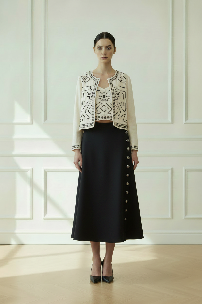 Top y chaqueta étnica crema con falda negra