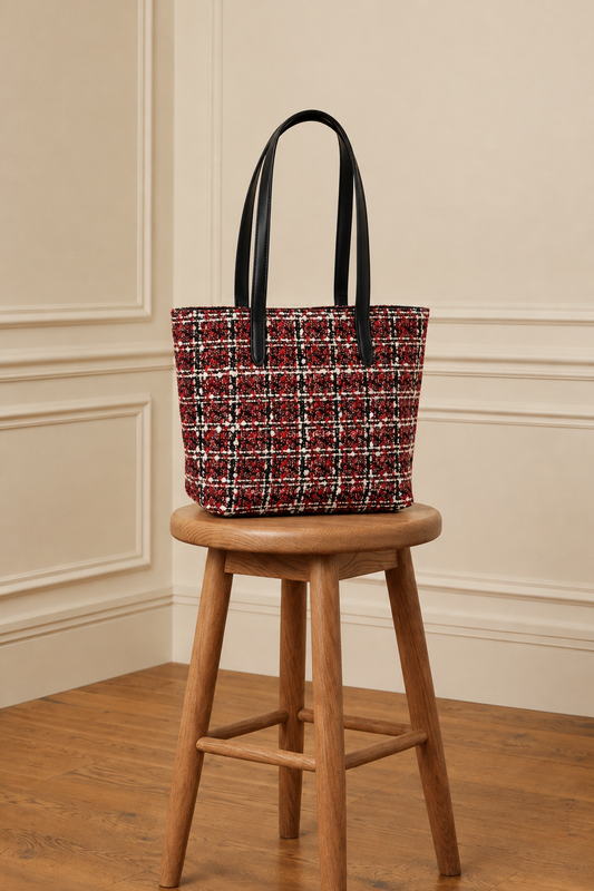 Tote rojo-granate sobre el taburete