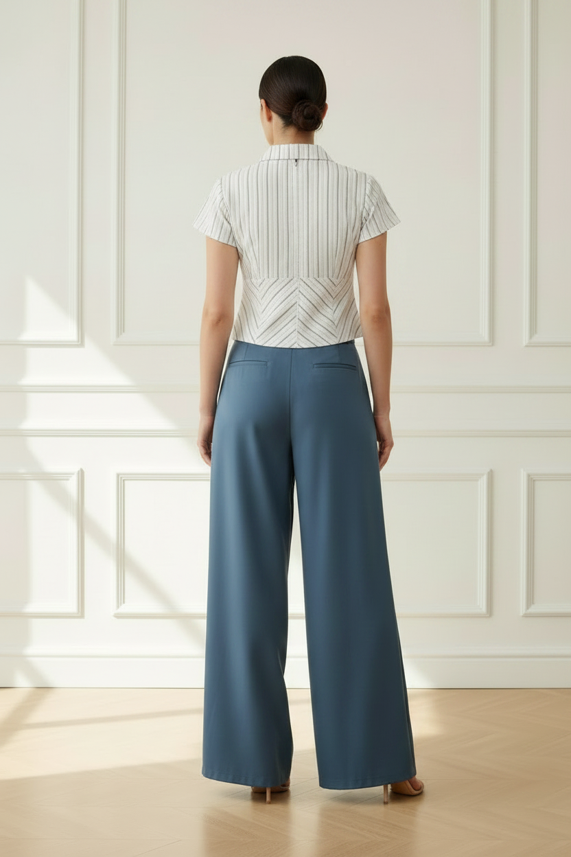 Camisa polo rayas doradas blanca - vista trasera con palazzo azul