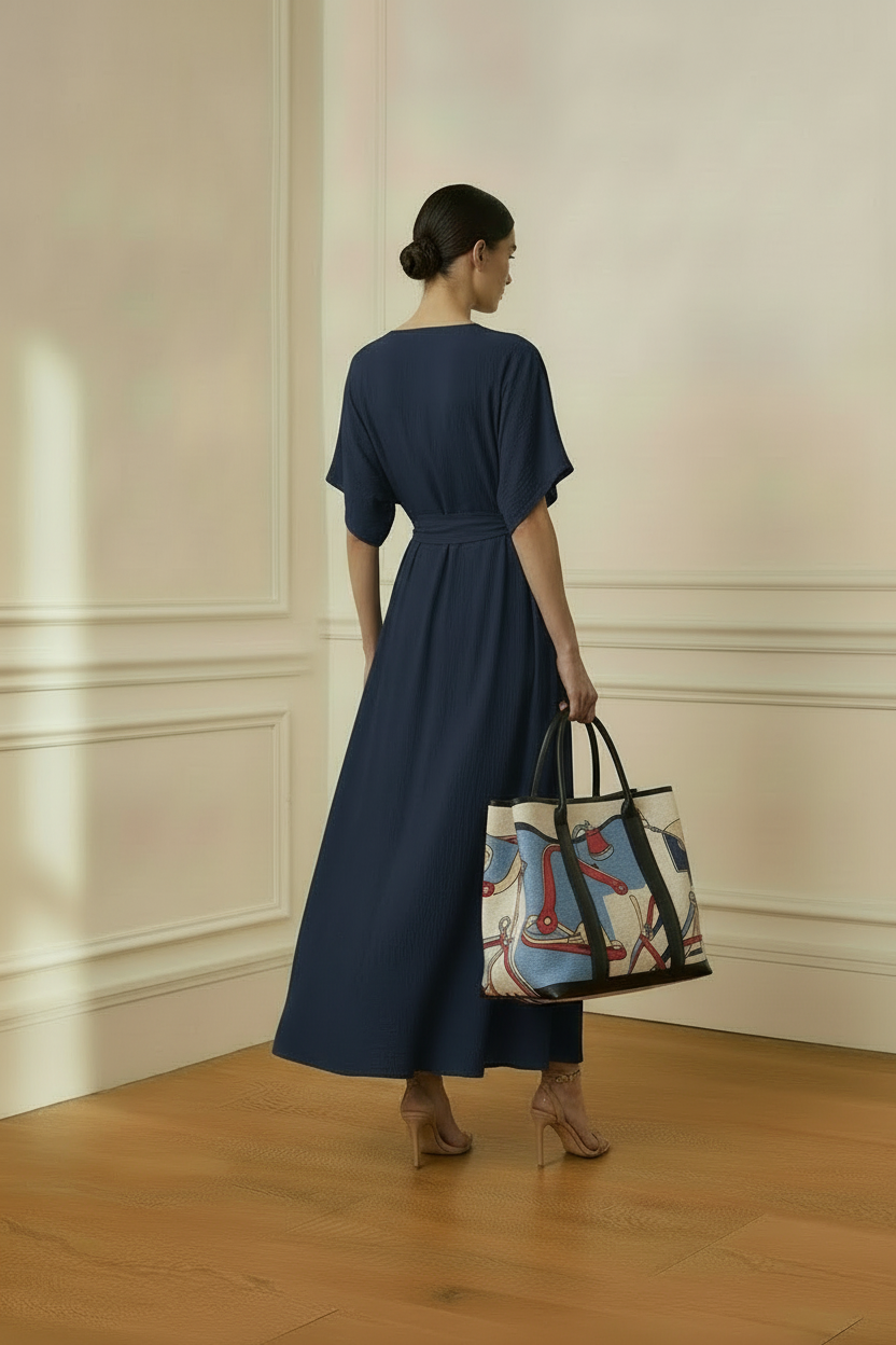 Trasera - vestido azul con bolso ecuestre