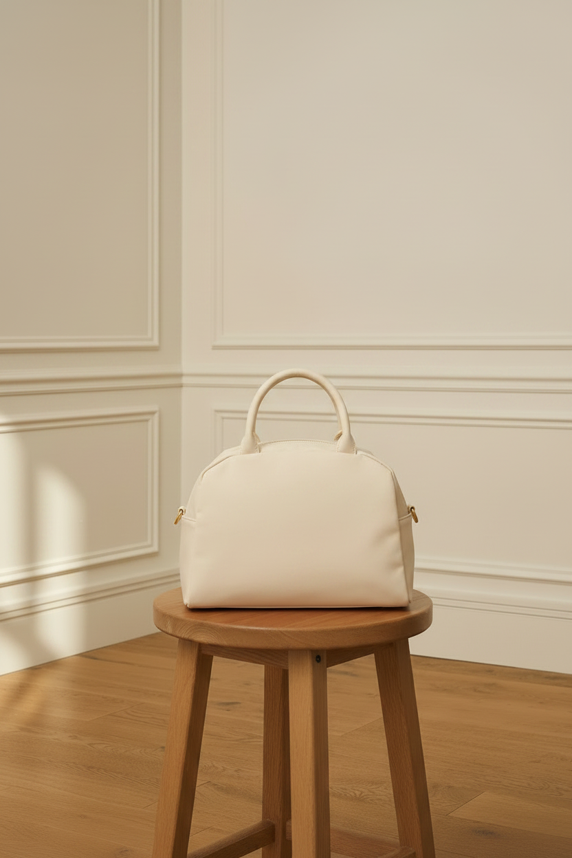 Bolso bowling crema sobre taburete de madera, vista trasera con bolsillo