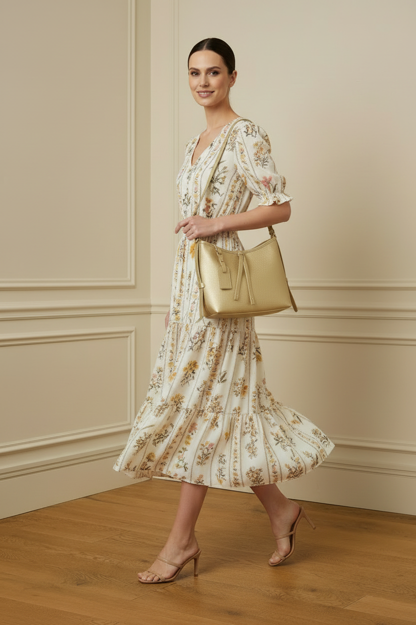 Vestido amarillo/rosa caminando con bolso dorado