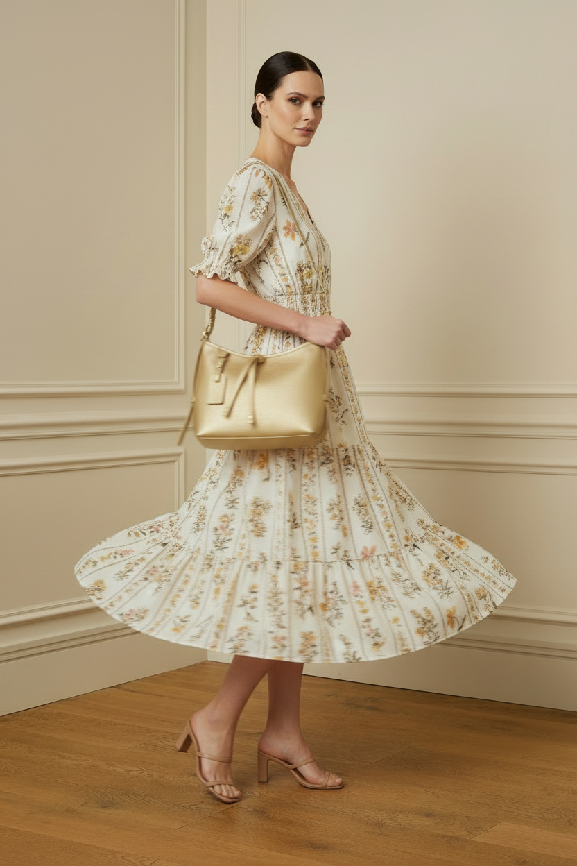 Vestido amarillo/rosa en giro con bolso dorado