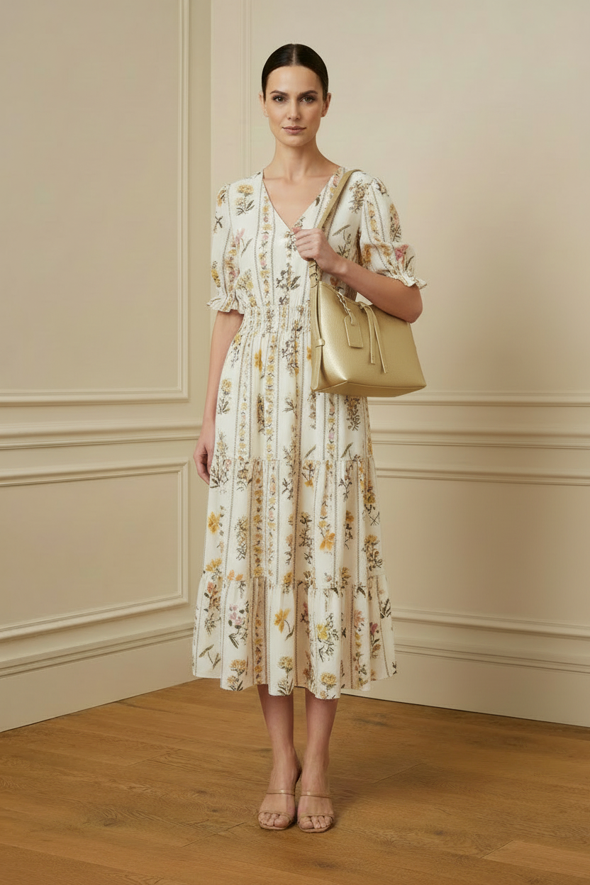 Vestido amarillo/rosa vista lateral con bolso dorado