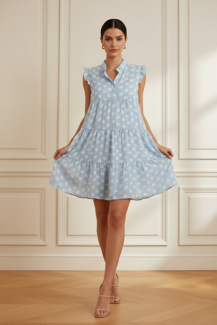 Vestido azul claro con lunares blancos