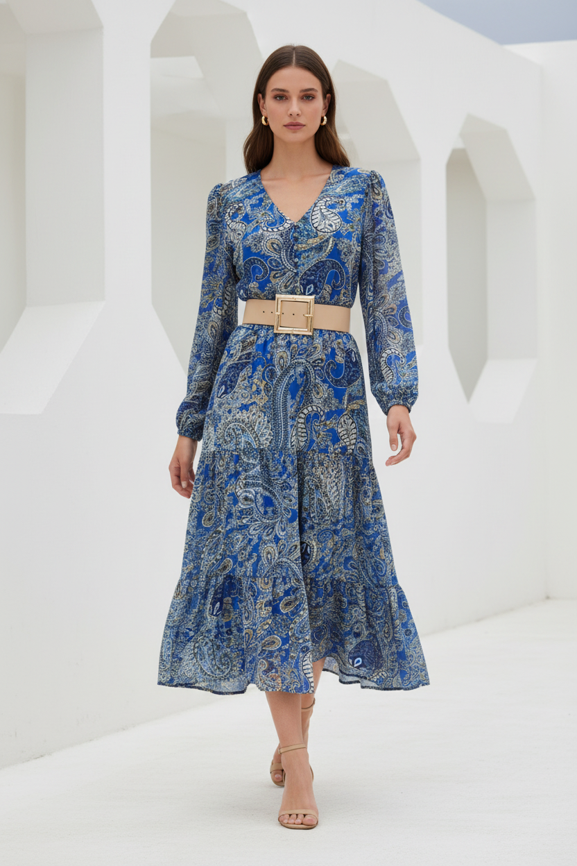 Vestido azul con cinturón y sandalias