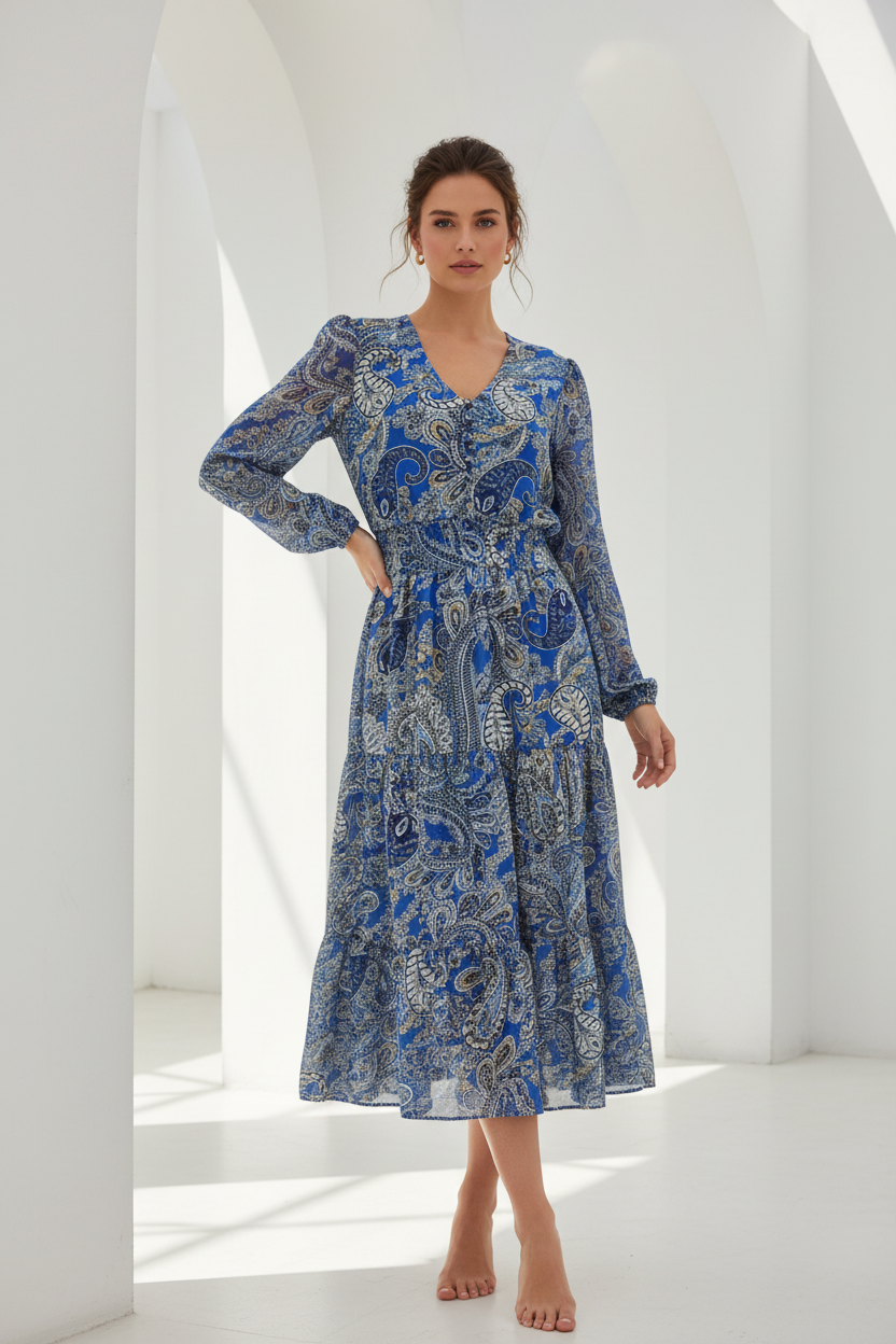 Vestido azul editorial sin pantalón