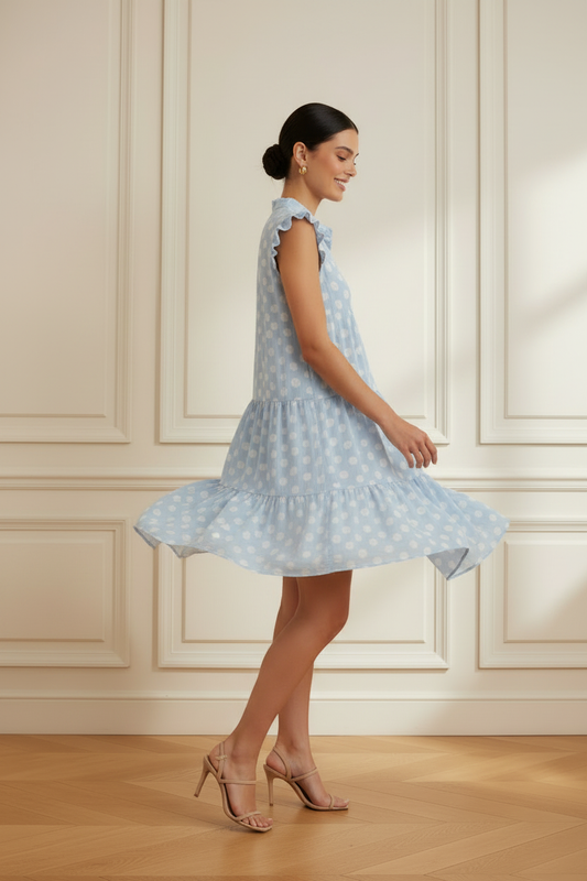 Vestido azul lunares blancos en giro