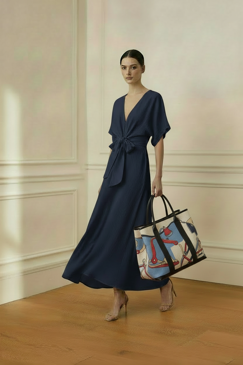 Vestido azul marino con bolso ecuestre