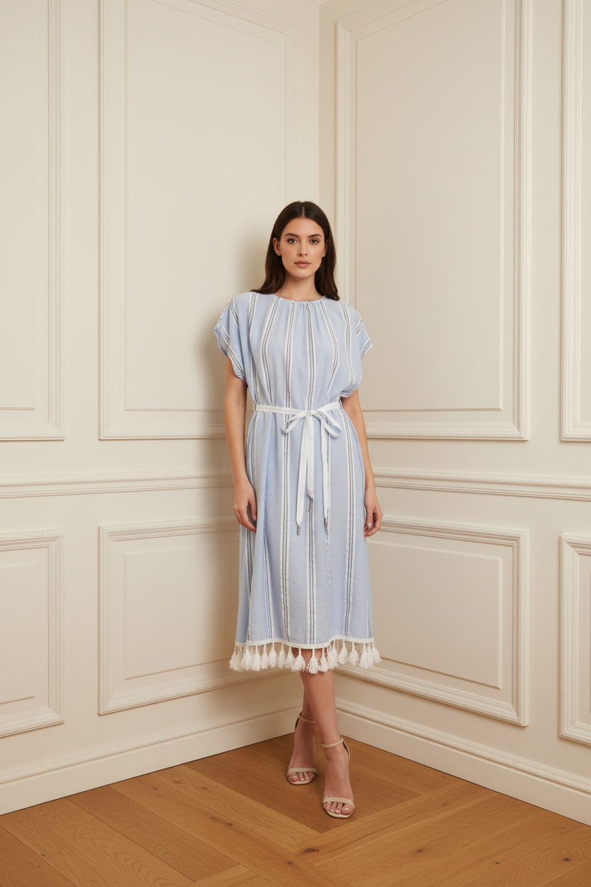 Vestido azul rayas con modelo española