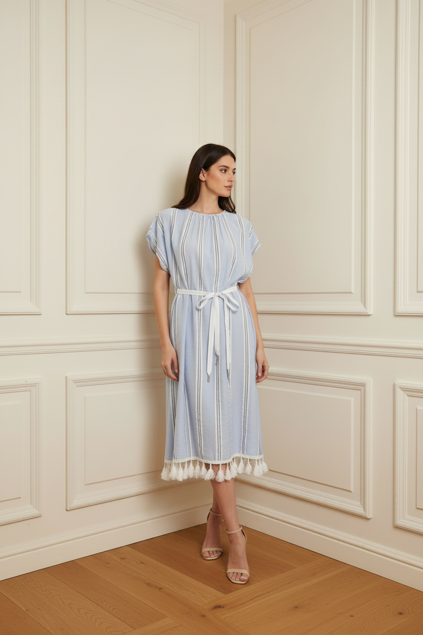 Vestido azul rayas largo por la rodilla
