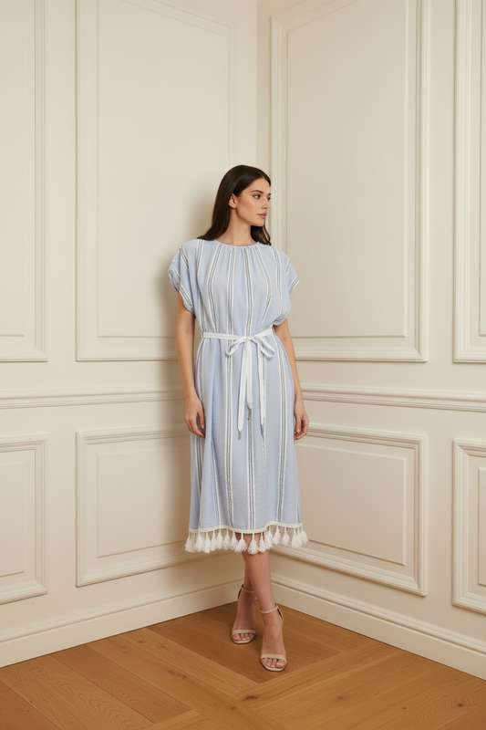 Vestido azul rayas largo por la rodilla