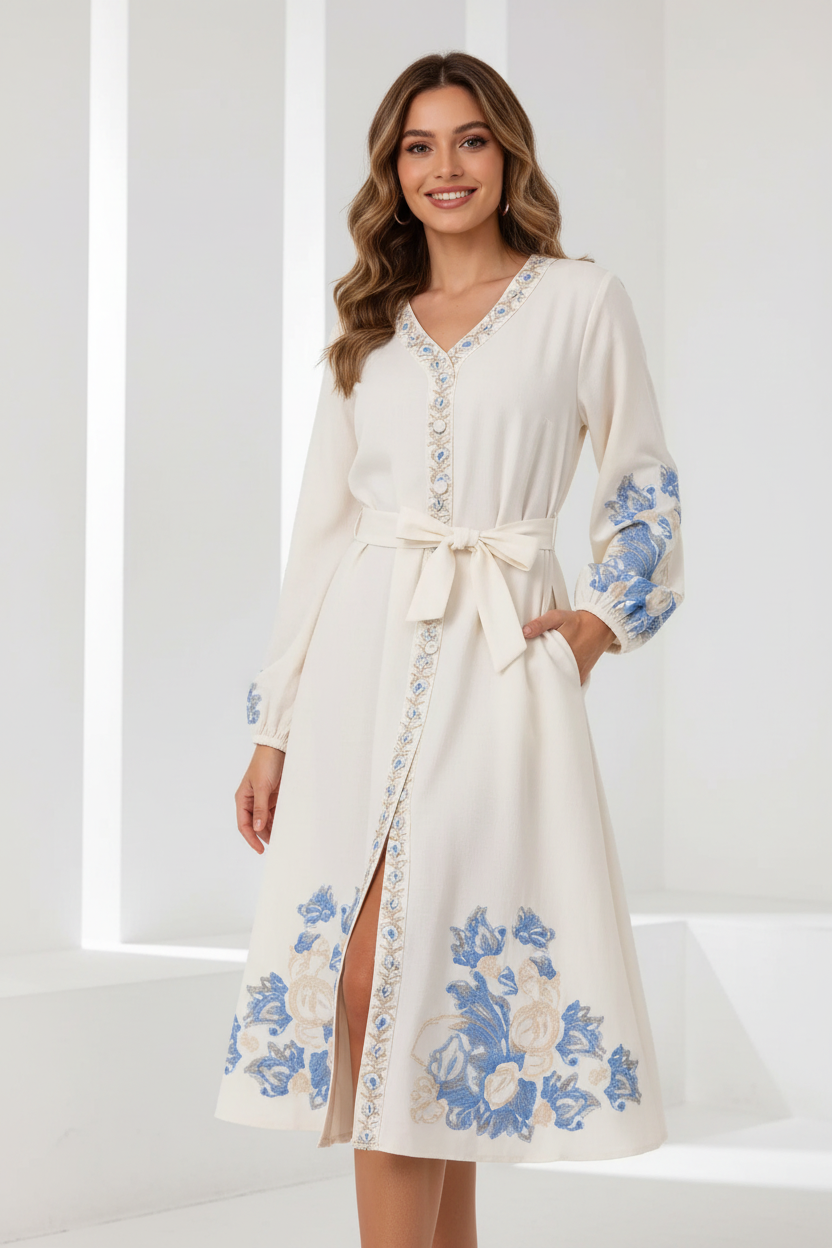 Vestido blanco con bordados florales y botones abiertos