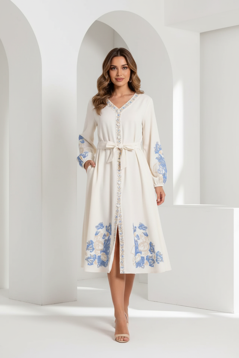 Vestido blanco con modelo morena y espacio blanco
