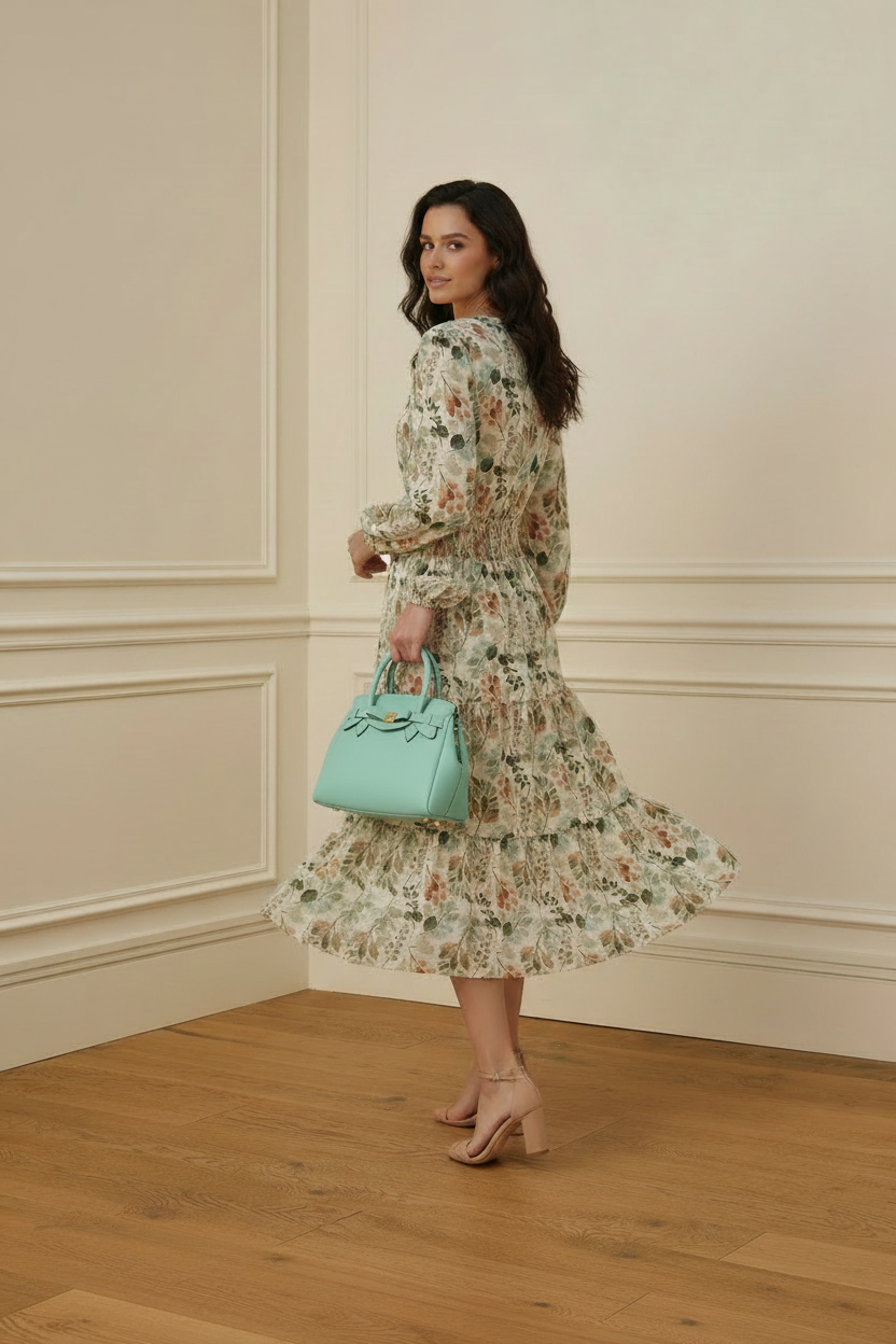 Vestido boho con bolso turquesa