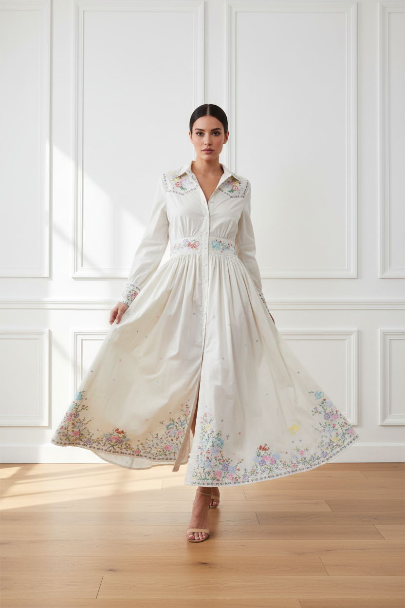 Vestido bordado - caminando pared blanca