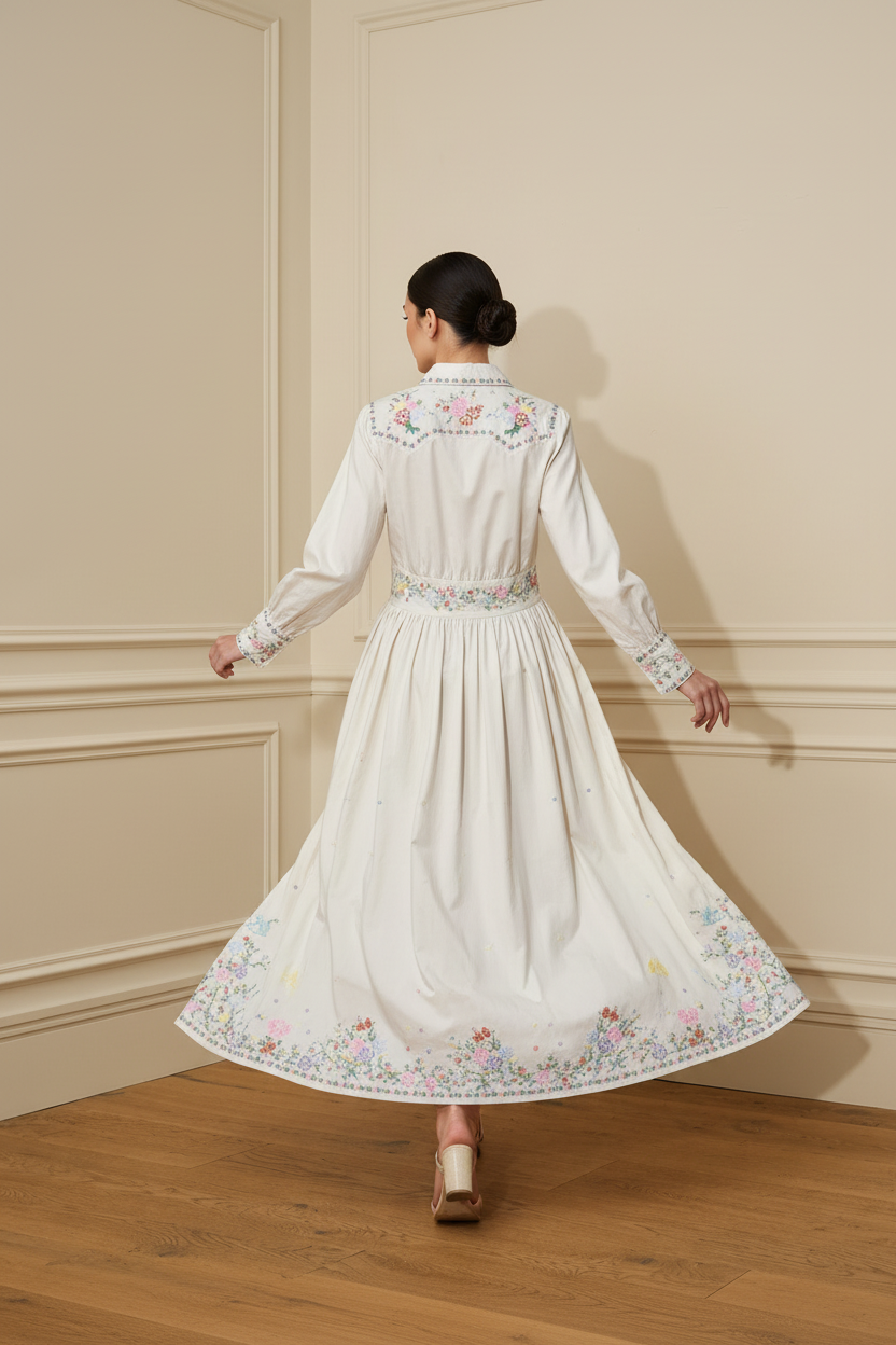 Vestido bordado - de espaldas en movimiento