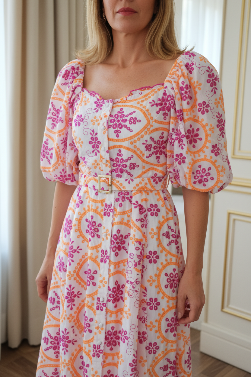 Vestido  corto bordado fucsia