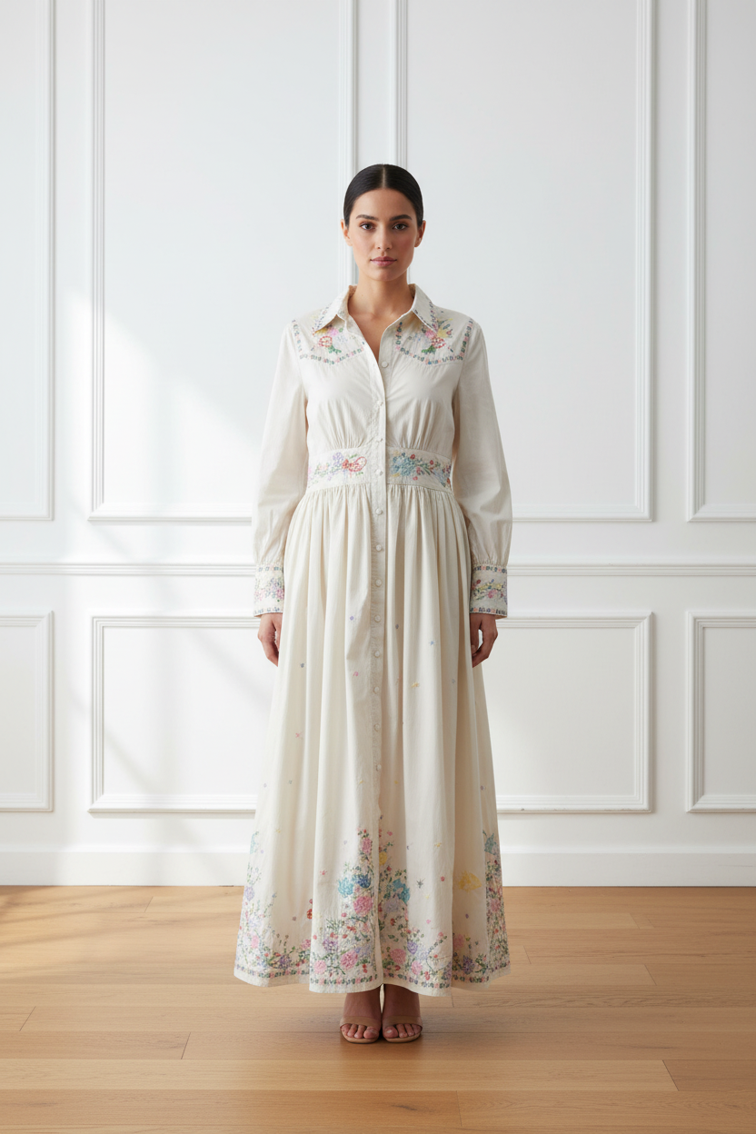 Vestido bordado - frontal pared blanca