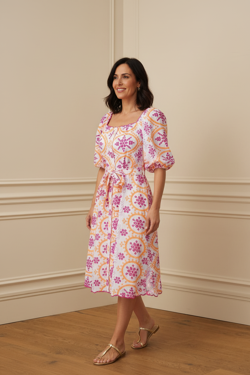 Vestido  corto bordado fucsia