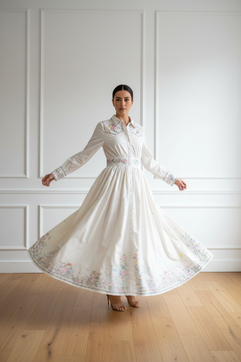 Vestido bordado - girando pared blanca