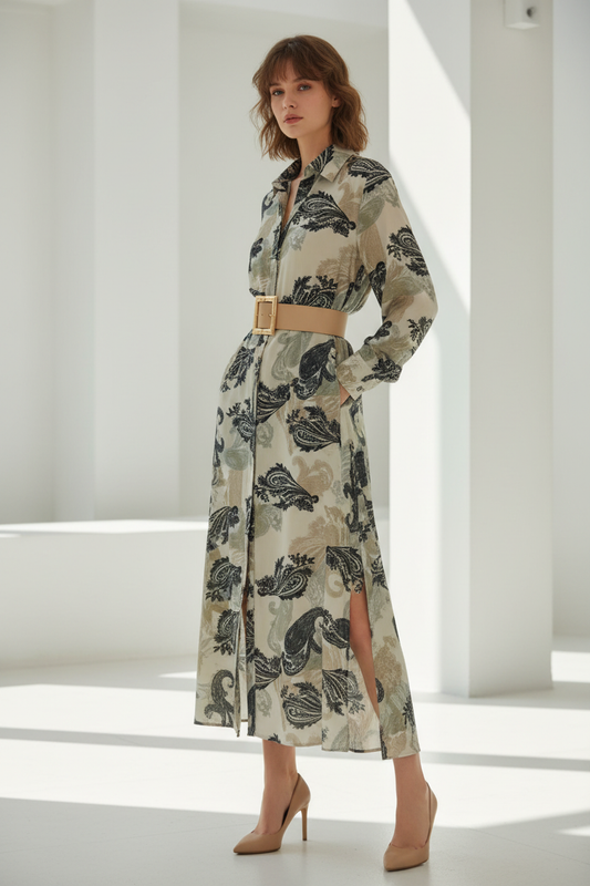 Vestido camisero azul-verde con detalles negros