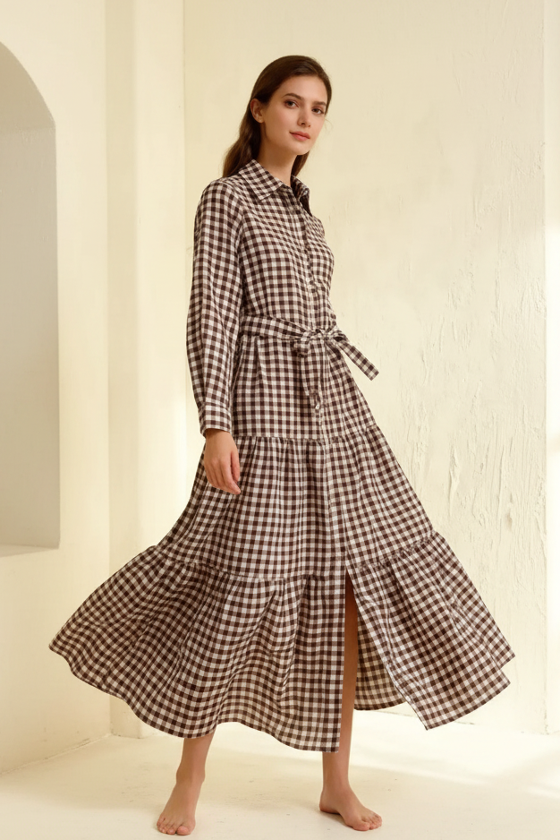 Vestido camisero cuadros vichy pose dinámica