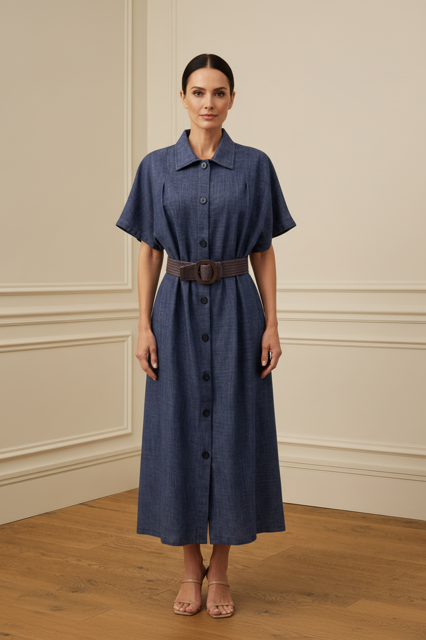 Vestido camisero navy con cinturón marrón - frontal