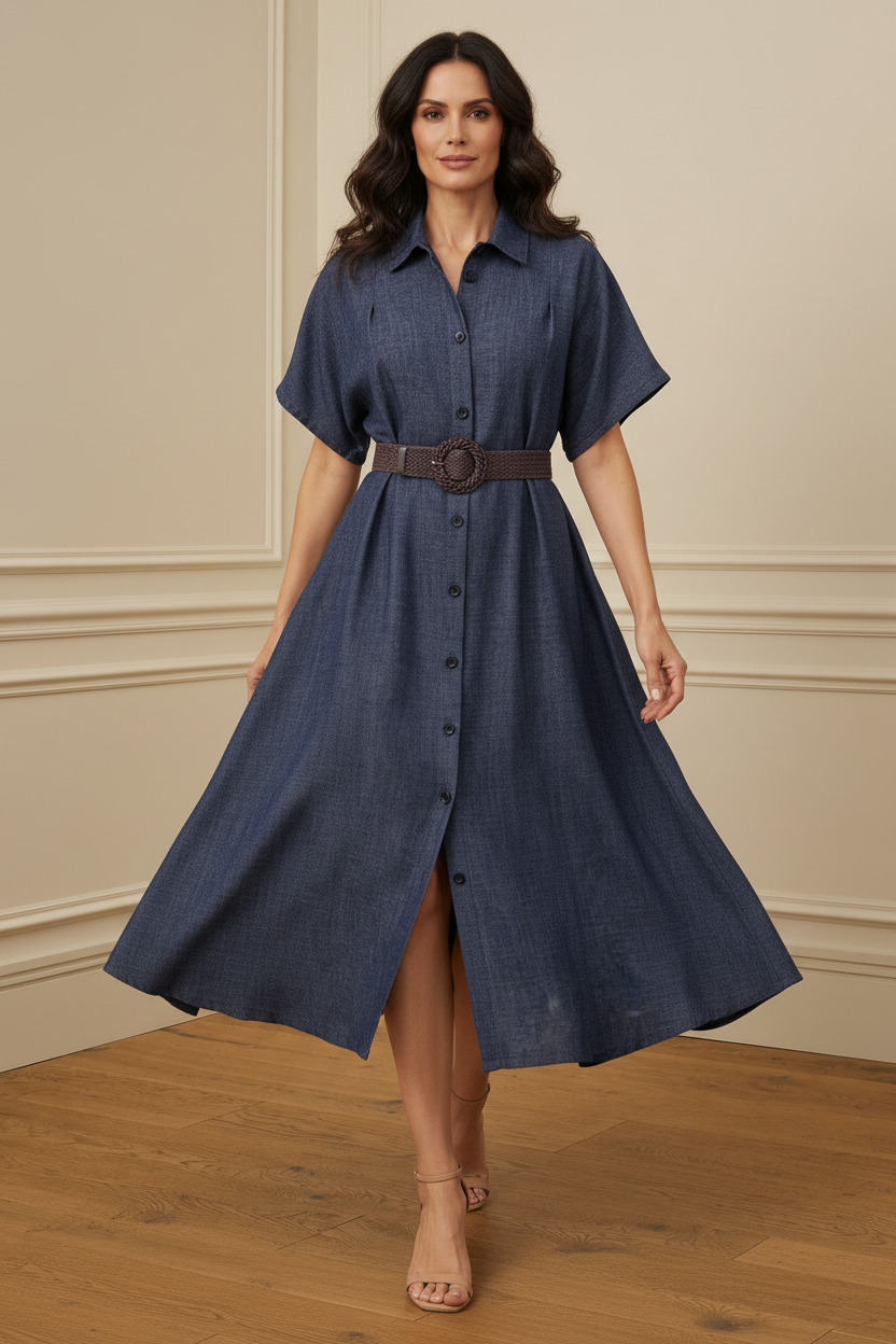 Vestido camisero navy - en movimiento