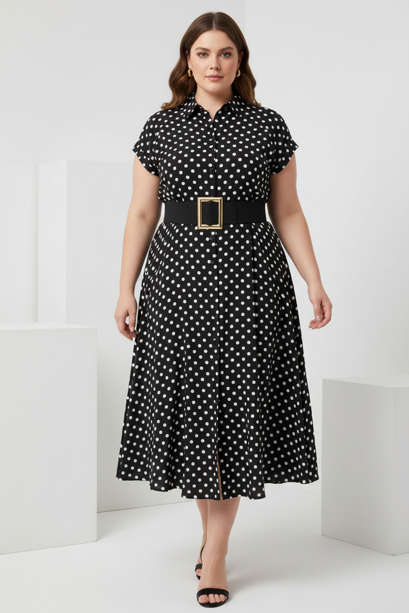Vestido camisero negro con lunares blancos modelo curvy