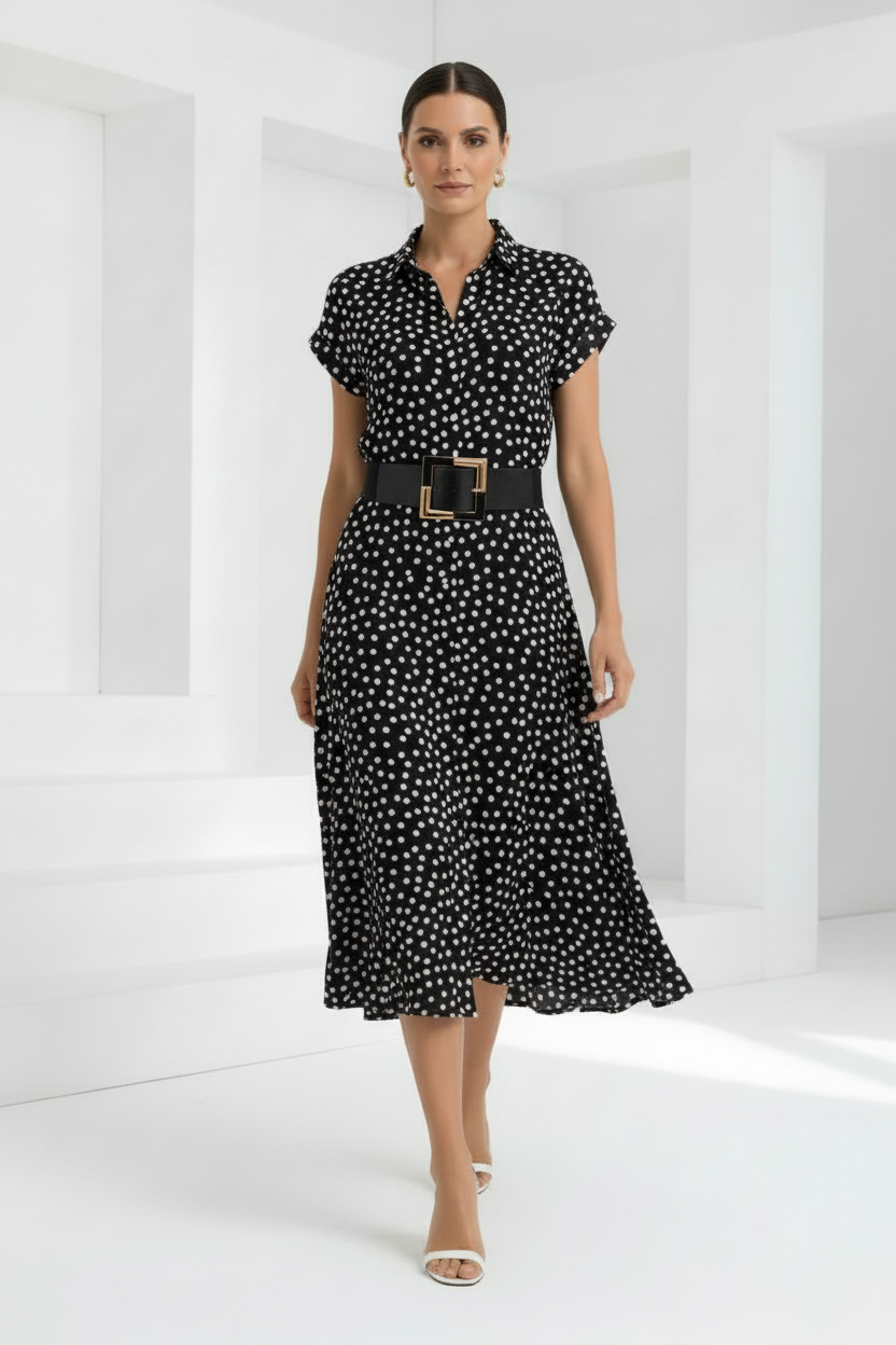 Vestido camisero negro con lunares blancos
