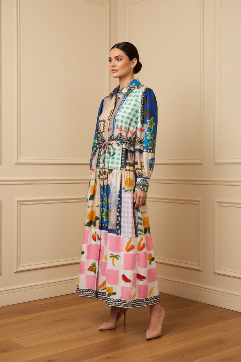Vestido camisero patchwork tropical 3/4