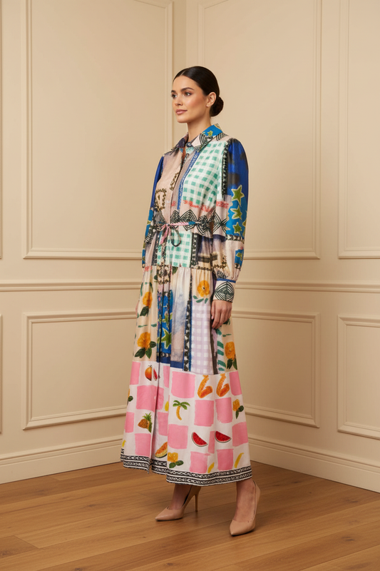 Vestido camisero patchwork tropical 3/4