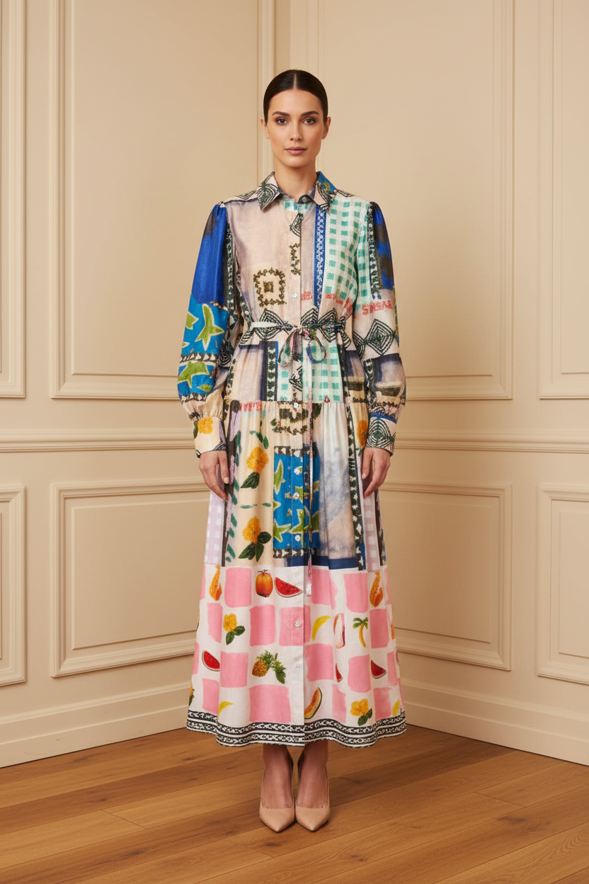 Vestido camisero patchwork tropical frontal