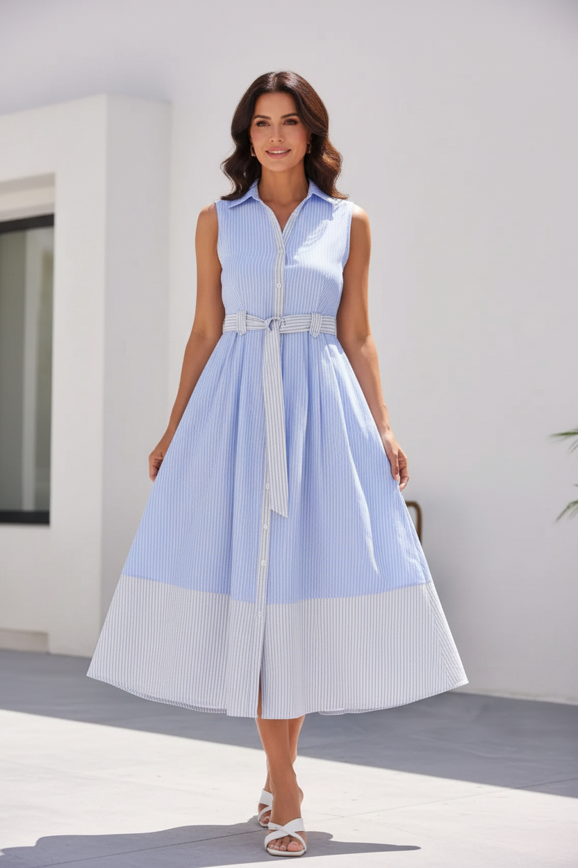 Vestido camisero rayas azul - modelo española exterior blanco