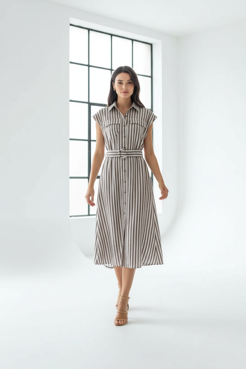 Vestido camisero rayas estudio con sandalias