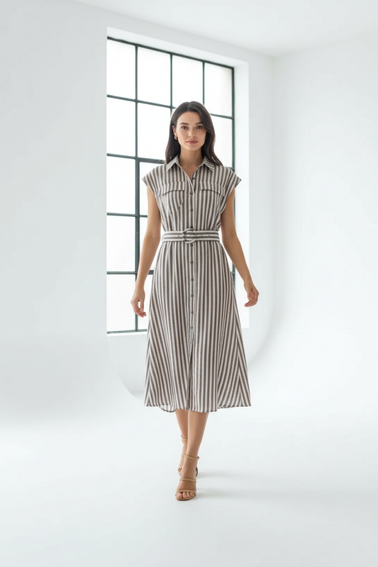 Vestido camisero rayas estudio con sandalias