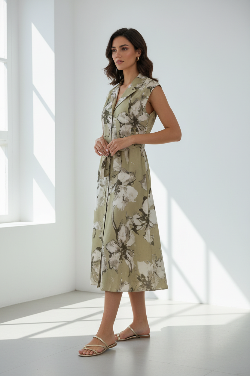 Vestido camisero verde oliva frontal