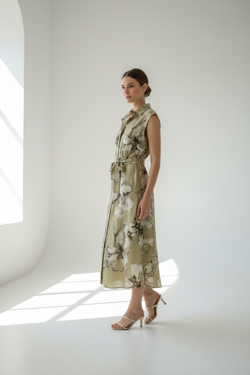 Vestido camisero verde oliva lateral