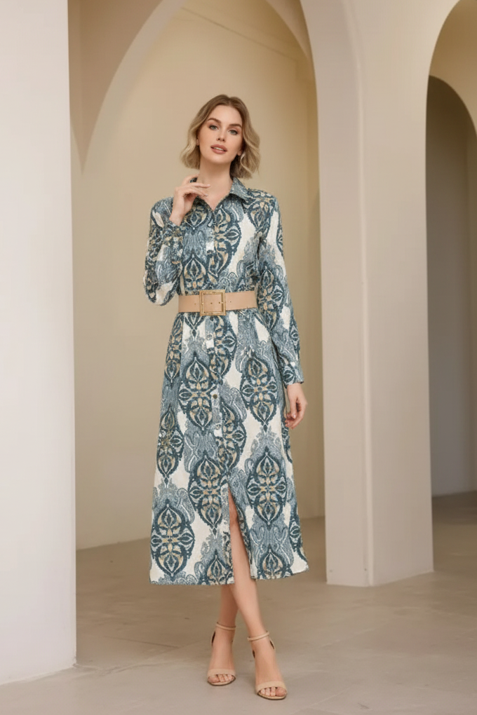Vestido con estampado damasco y cinturón beige