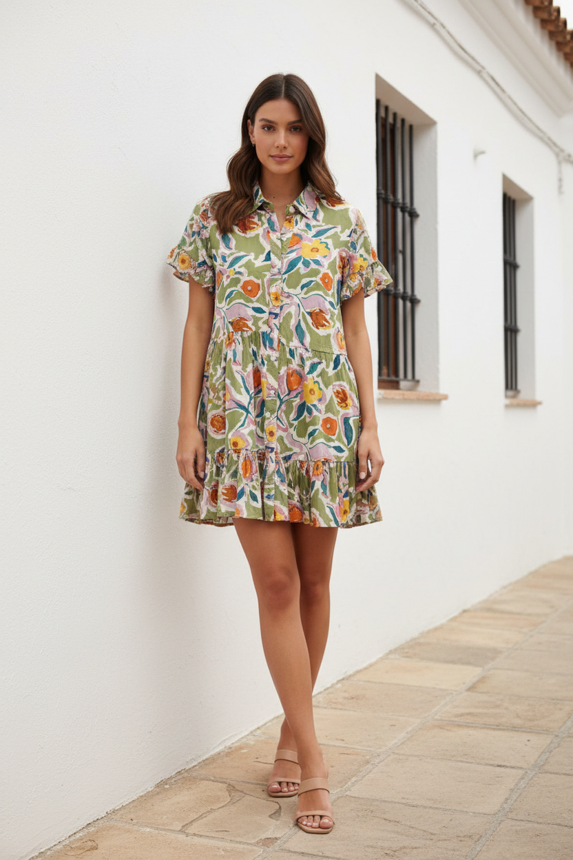 Vestido corto camisero volantes floral