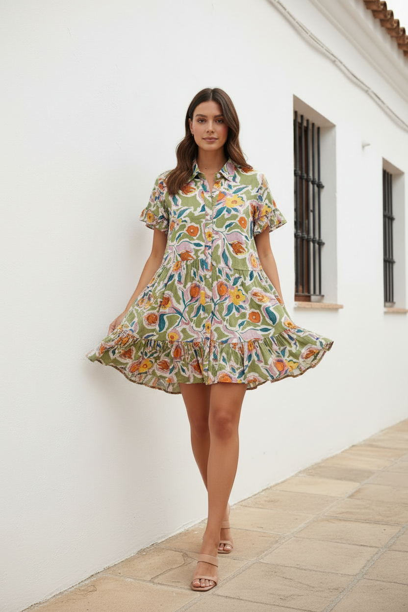 Vestido corto floral movimiento