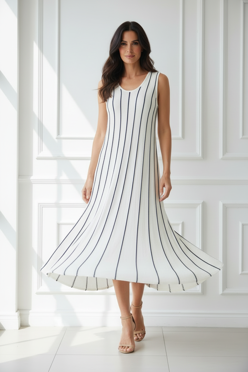 Vestido crema rayas navy en movimiento