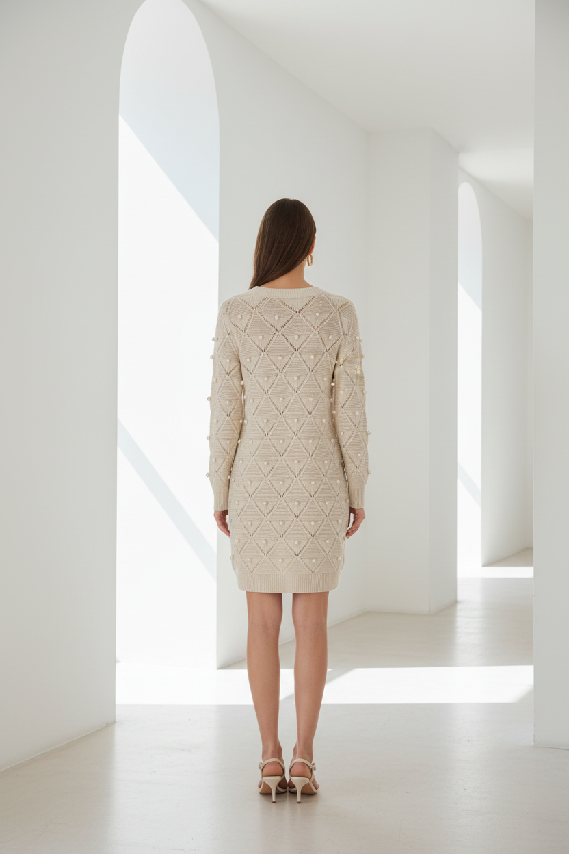 Vestido de punto beige corto - espalda