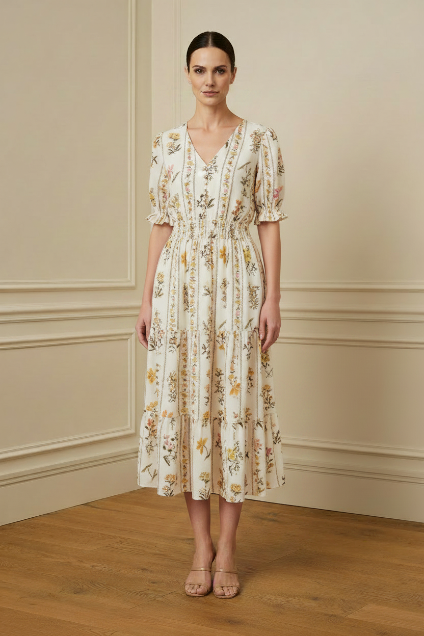 Vestido floral amarillo y rosa