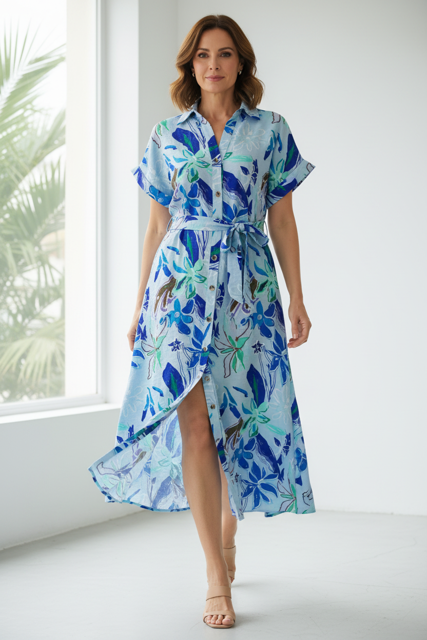 Vestido floral azul caminando