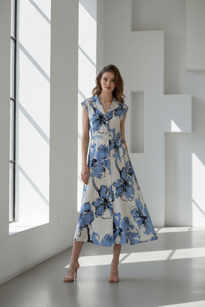 Vestido floral azul con fondo arquitectónico blanco