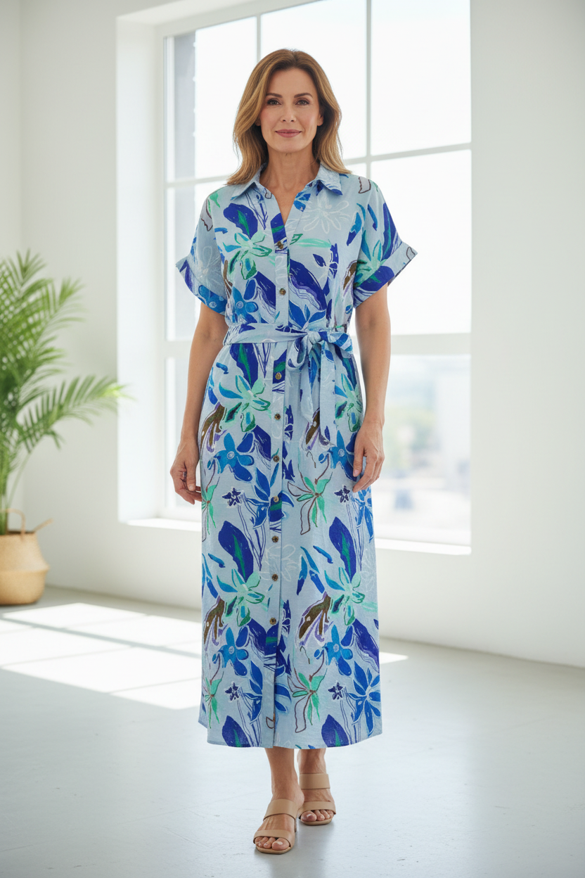 Vestido floral azul frontal